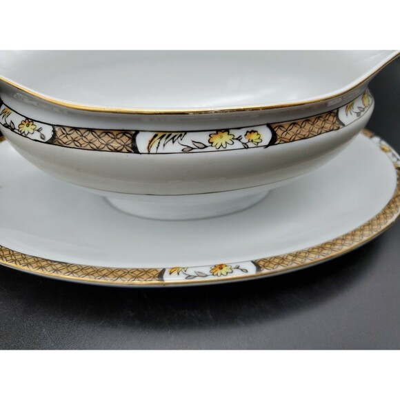 Noritake Gravy Boat Under Plate Japan Geometric Band Florals with Gold 1918 - Picture 12 of 12